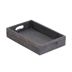 Bandeja decorativa Floral tallada intrincada de madera negra Bandeja de servicio rústica con asas Bandeja de madera rectangular para decoración del hogar - Product Image 1