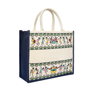 Handmade Summer Tribal Beats Embroidered Hamper <b>Bag</b> Navy Blue <b>Large</b> Capacity Jute <b>Canvas</b> Tote <b>Bag</b> For Corporate Gifting Item - Product Image 6