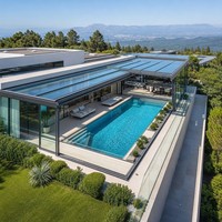Solárium Retráctil de Lujo para Piscina, Casa de Cristal con Vidrio Templado de Seguridad, Marco de Aluminio Resistente a la Intemperie para Villas y Resorts