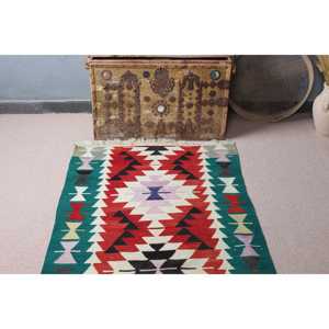 Alfombra Kilim Vintage de 3.1x6.3 pies (95x191 cm), Alfombra Turca con motivos de plantas y árboles rojos - Product Image 4