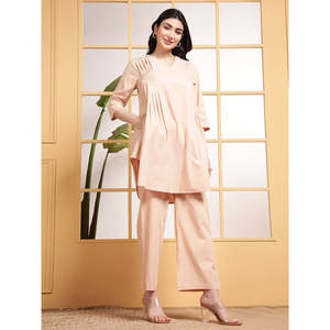 Deebaco Women's Solid Pink Crepe 2 Piece Co-Ord Set With Pleated Tunic And Ankle Length Trouser Casual Spring Summer Wear Outfit - Product Image 6