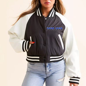 OEM/ODM personalizado 3D bordado Logo mujeres Varsity Letterman chaqueta gota hombro Crop pesado lana transpirable a prueba de viento - Product Image 4