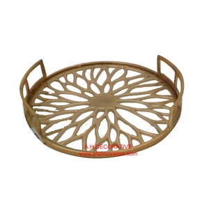 Bandeja DE SERVICIO DE ALUMINIO chapada en oro Bandeja de forma redonda Plato de servicio decorativo de mesa de excelente calidad con borde - Product Image 3