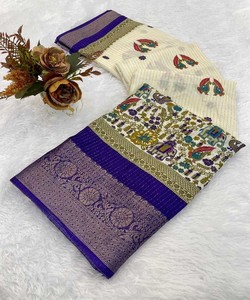 DOLA DE LUXE IMPRIMÉ EN SOIE AVEC BORDURE TRAVAIL SAREE AVEC BLOUSE NON COUCHÉE VÊTEMENT FESTIF PRIX DE GROS VÊTEMENT ETHNIQUE BLEU - Product Image 1