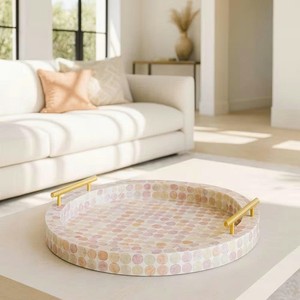Bandeja redonda con Incrustaciones de nácar con asas Bandeja decorativa para servir hecha a mano - Product Image 1
