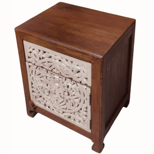 Mesita de noche de madera maciza tallada a mano Panel blanco Puerta Acabado marrón oscuro Mesita de noche - Product Image 1