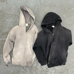Sweat à capuche Streetwear personnalisé sans ficelle polaire vierge Boxy fermeture éclair Vintage Double couche lavage à l'acide soleil fané sweats à capuche en détresse pour hommes - Product Image 6