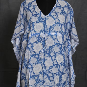 Caftán con estampado de bloque indio, algodón orgánico puro, ligero, corto, ropa de dormir, estampado Floral, ropa de playa, vestido de verano - Product Image 1