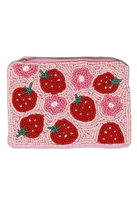 Pochette à monnaie brodée en perles de fraises, sac à perles rose preppy, portefeuille à fermeture éclair en perles de fraises par MD HANDICRAFTS - Product Image 3