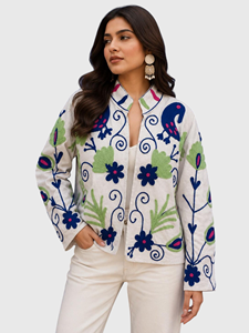 Veste en velours brodée de fleurs, col mandarin, manches longues, style bohème pour femmes, doublure en coton, style Prairie Chic, automne - Product Image 2