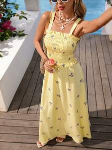 Robe longue élégante pour femme, manches courtes, 100% coton, taille naturelle, broderie simple, décontractée, pour l'extérieur, tissée, lavable, avec poches - Product Image 2