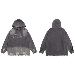 Ropa de calle personalizada rasgada bordado carta angustia chaqueta de mezclilla con capucha hombro caído Vintage lavado Denim lágrimas Sudadera con capucha para hombres - Product Image 1