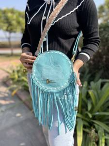 Nouveau sac à main en cuir suédé bohème de créateur pour femmes Style occidental léger avec fermeture éclair turquoise Offre Spéciale Stich Fringe - Product Image 5