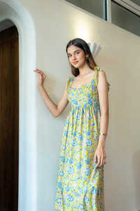 Robe longue en coton pour femmes jaune bleu main bloc imprimé robe longue décontractée avec imprimés floraux personnalisés - Product Image 6