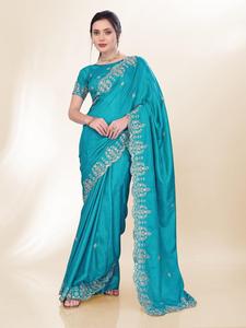 Indian Export Quality Amazing Color Chinon Silk Saree With <b>Sequins</b> Embroidery Work With Cut Work Wholesaler From India for Sale - Product Image 5