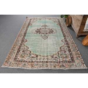 Tapis Vintage Turc 5.6 X 8.8ft Vert Beige Laine Latex Support 9x12 Rectangle Tabriz Abstrait Patchwork pour Entrée Couloir - Product Image 1