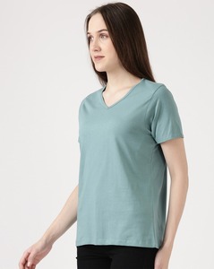 Camiseta de verano personalizada de alta calidad con cuello en V para mujer 100% seda algodón Spandex Casual manga corta suelta Slim Fit ecológico para - Product Image 3