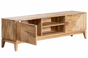 Chevron TV Console with Two Door Storage and <b>Open</b> Shelf in Solid Acacia Wood Light Finish - Product Image 3