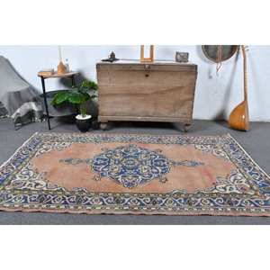 Authentique tapis turc bleu beige 3.9x6.8 pieds laine latex plat tissage technique patchwork pour couloir chambre décor - Product Image 1