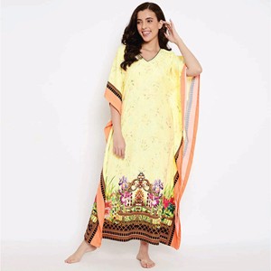 Custom Manufacture Slim Fit Polyester Crape Round Neck with <b>Tie</b> up <b>Yellow</b> and Peach Printed Maxi Kaftan - Product Image 2