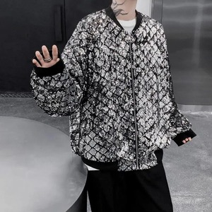 DJ Singer Stage Performance Chaqueta de lentejuelas de cuero genuino Lona Hombres Moda Bling Brillante Loose Fit Cremallera Frontal Manga larga - Product Image 3