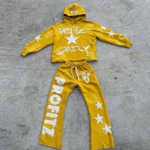 Sudadera con capucha y pantalones de chándal acampanados de pierna recta, chándal para hombre con cremallera personalizada, chándal lavado con ácido, serigrafiado - Product Image 3