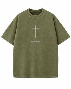 Camiseta de Algodón Lavado Extra Grande Personalizada por el Fabricante, Color Verde Oliva, con Estampado de Cruz Religiosa, Estilo Urbano Vintage para Hombre, Camiseta Informal - Product Image 1