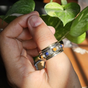 Oxidized <b>Silver</b> Brass <b>Spinner</b> <b>Ring</b> with Lapis and Carnelian for Weddings Parties and Anniversaries - Product Image 2