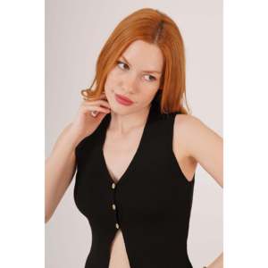 Lustrin Women's Black Ribbed Sleeveless <b>Blouse</b> with Button Detail, Standard Fit, Wholesale Pack - Product Image 4
