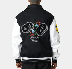 Chaqueta de béisbol de hombre con cuello levantado de lona y logotipo bordado personalizado con parches y mangas de cuero transpirables con OEM - Product Image 2
