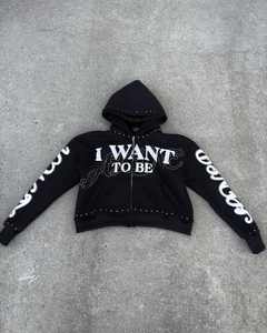 Survêtement unisexe à capuche zippé en molleton 100 % coton, coupe ample, impression intégrale en soie et silicone, strass, pour l'hiver - Product Image 2