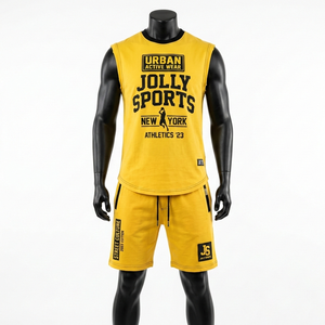 Conjunto de Camiseta sin Mangas y Pantalones Cortos para Hombre, 240 GSM, Mezcla de Algodón Premium, Amarillo, Logotipo Personalizado con Serigrafía - Product Image 6