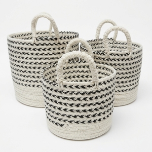 Hand Woven Recycled Plastic <b>Rope</b> <b>Storage</b> <b>Basket</b> Set Black White Arrow Stripe Arch Handle Pot Planter Setup Decor Pure Art Design - Product Image 1