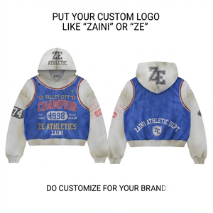 Sweat à capuche oversize en molleton de coton premium 400 GSM avec panneau bleu, broderie DTF personnalisée sur le devant pour logo, respirant, automne - Product Image 1