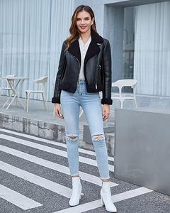 Women’s Faux Shearling Winter Coat – Breathable PU Leather <b>Jacket</b> Warm <b>Zip</b>-<b>Up</b> <b>Jacket</b> - Product Image 3