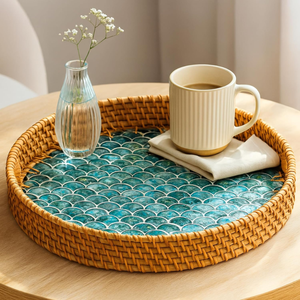 Handmade natural rattan round serving tray with Mother of Pearl inlay for coffee table decor from Vietnam - Product Image 3