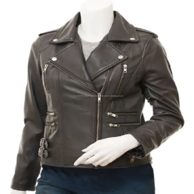 Nouveau design Veste en cuir de mouton pour moto motard rock pour femmes, manteau en cuir, veste à fermeture éclair