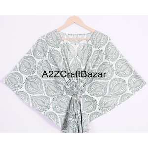 Caftán Indio para Mujer, 100% Algodón Puro, Estampado Floral a Mano, Maxi Largo, para Playa, Ropa de Dormir, Caftán Rabe con Cuello en V, Cinturón, Lavable - Product Image 2