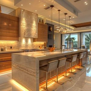 Cocina Modular Moderna de Lujo con Isla Grande, Encimera de Mármol, Gabinetes de Madera, Iluminación LED Cálida y Diseño Interior Premium - Product Image 1