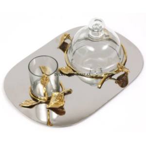 Ensemble de 2 bols de service en verre transparent, support de base design, feuilles en métal plaqué or, art créatif moderne, couvercle supérieur - Product Image 4