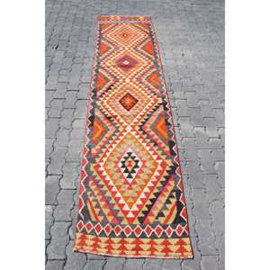Vintage Turkish Rug 2.2x9.2 ft (68x281 cm), Kilim Red <b>Yellow</b> Animal Print Rug - Product Image 1