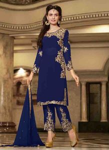 2023 Stylized Indian/Pakistani Embroidery Work Long Kurta <b>Pant</b> Dress with Lace and Button Decoration for Parties and Weddings - Product Image 2