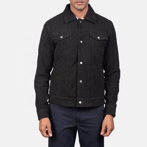 Veste bomber en jean en coton personnalisée pour homme avec poches avant / Vestes de moto pour homme matelassées en noir - Product Image 1