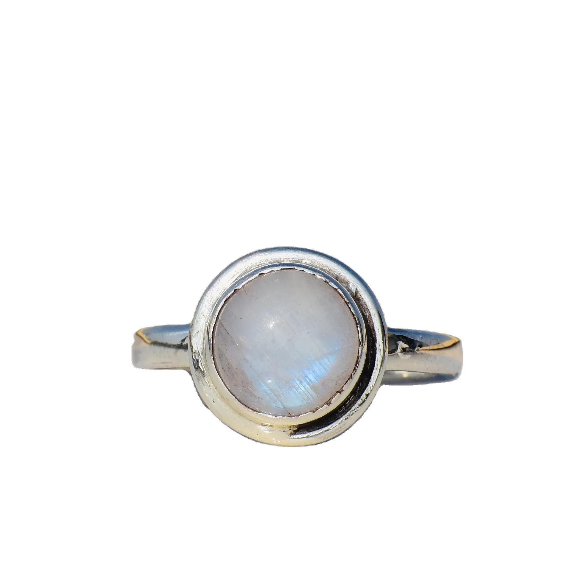 라운드 보석 무지개 월장석 반지 하이 퀄리티 스털링 실버 월장석 반지 도매 가격 간단한 흰색 월장석 반지