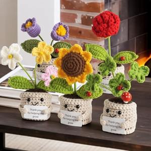 Ornements de poupées en laine tricotés à la main en forme de tournesol, crochetés, pour la décoration de pots, bouquet de fleurs artificielles tissées - Product Image 1