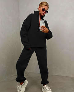 Trajes de dos piezas, conjunto de trajes cálidos de Color sólido, conjuntos de ropa de otoño e invierno para mujer, sudadera con cremallera y cuello levantado, Pantalones - Product Image 1