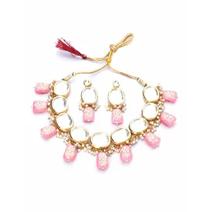 Ensemble de bijoux de luxe - Collier serti de pierres roses Meenakari Kundan en acier inoxydable plaqué or 24 carats pour cadeau - Product Image 2