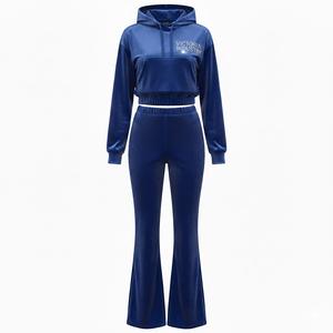Ensemble de survêtement en velours éco-responsable pour femmes, taille plus, sweat-shirt ample, pantalon évasé, poche arrière avec logo, sweat-shirt long, costume en velours - Product Image 1