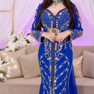 NEW DESIGNER EMBROIDERY on ROYAL BLUE MOROCCAN CAFTAN DRESS WITH EMBELLISHED CRYSTAL GLASS <b>BEADS</b>,<b>THREADS</b>,PEARLS,DABKA WORK@ 2024 - Product Image 1