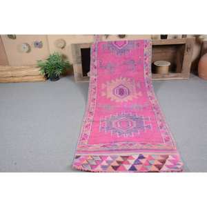 Tapis Turc Vintage Grand 3.1 X 11.2ft Rose Violet Laine avec Motif Abstrait Patchwork Design pour Couloir Chambre Latex Soutenu - Product Image 5